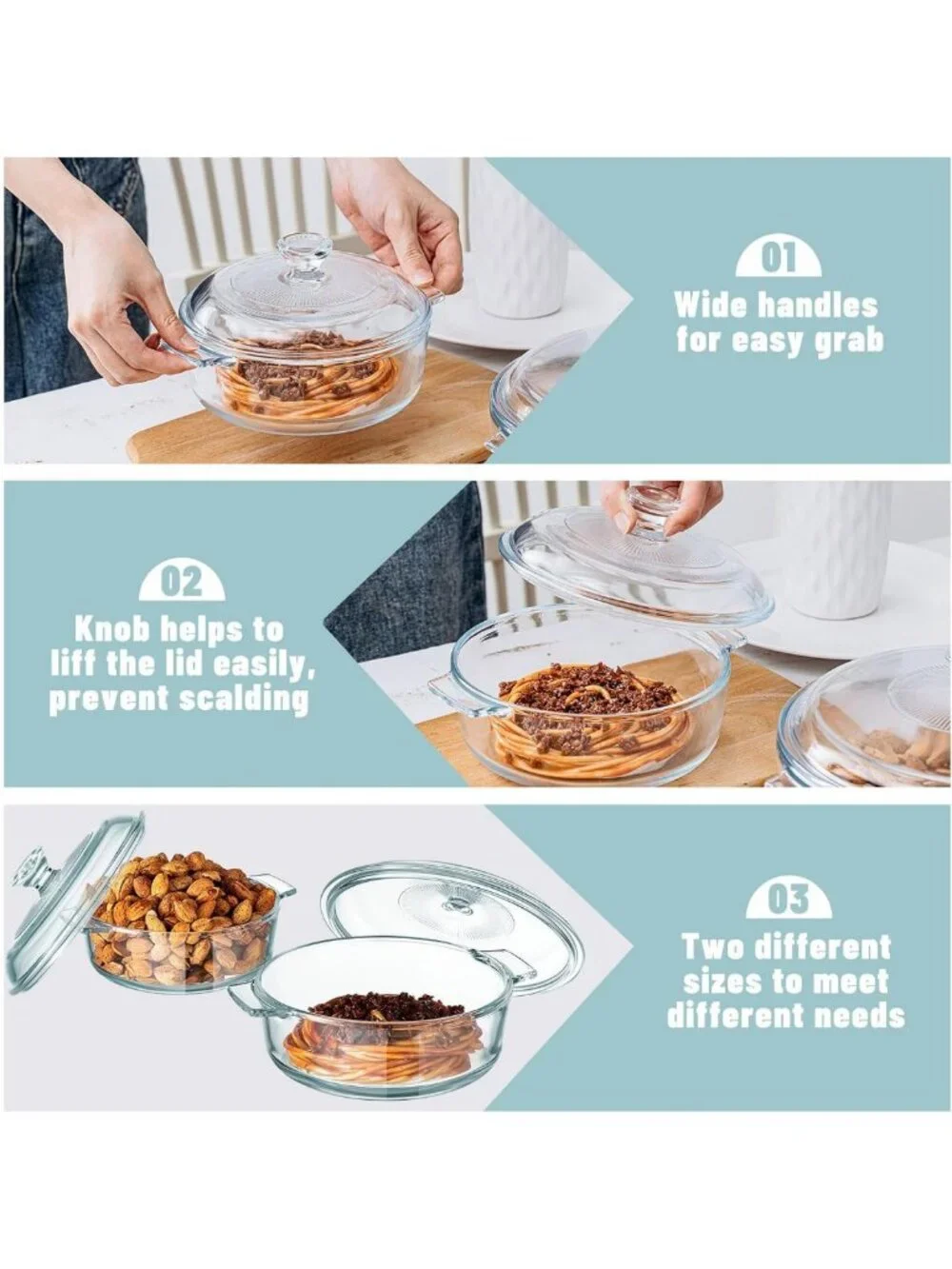 Set of 2 Round Glass Casserole Dishes with Lids - 0.8L & 1.7L Bakeware Set